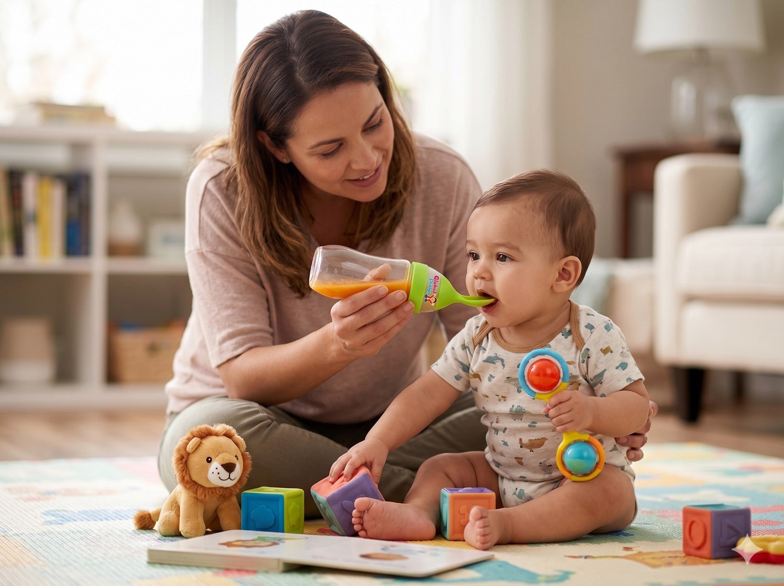 Global Duniya Squeezy Silicone Baby Feeding Bottle with Spoon (90ml) – BPA-Free Infant Cereal & Semi-Solid Food Feeder