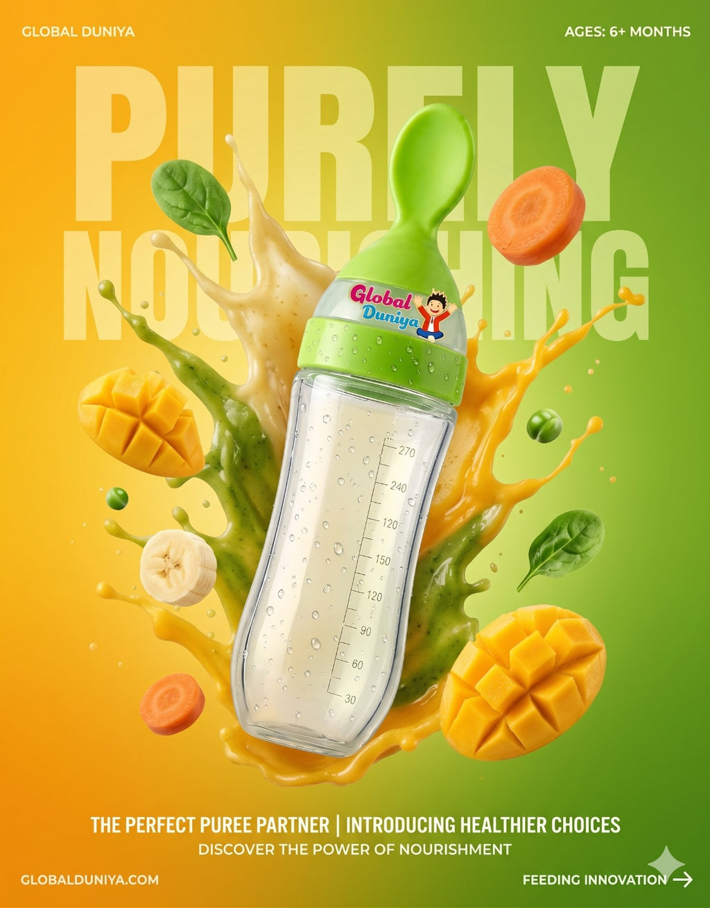 Global Duniya Squeezy Silicone Baby Feeding Bottle with Spoon (90ml) – BPA-Free Infant Cereal & Semi-Solid Food Feeder