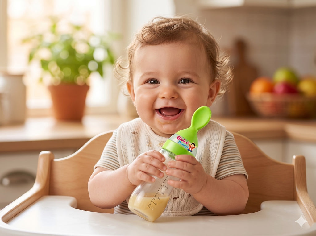 Global Duniya Squeezy Silicone Baby Feeding Bottle with Spoon (90ml) – BPA-Free Infant Cereal & Semi-Solid Food Feeder