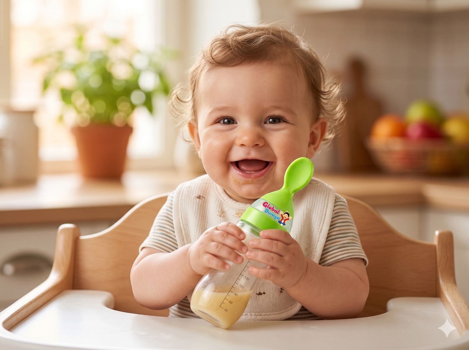Global Duniya Squeezy Silicone Baby Feeding Bottle with Spoon (90ml) – BPA-Free Infant Cereal & Semi-Solid Food Feeder
